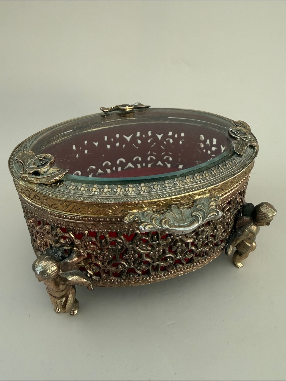 Vintage Mele Brass Filigree Jewelry Casket – Cherub Feet, Red Velvet